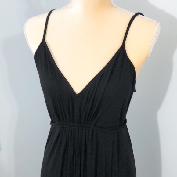 Moda International Pleated Tie Waist Boho Jersey Knit Maxi Dress Black sz Small - Picture 4 of 16